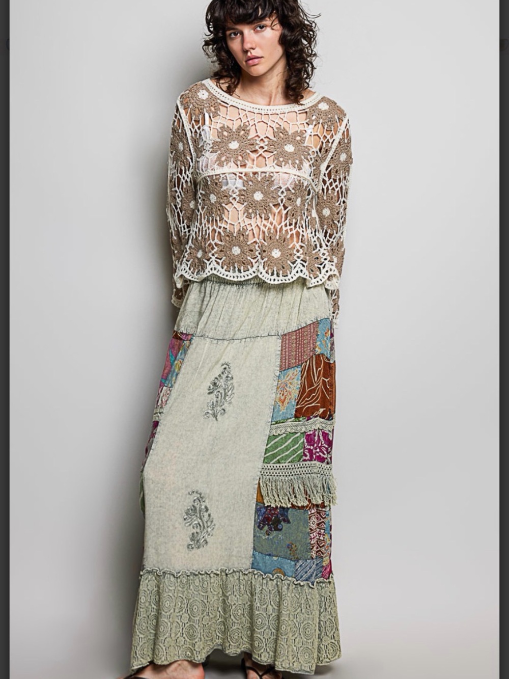 POL One of a Kind Patchwork Embroidered Ruffled Maxi Skirt Sage Multi - Picture 4 of 8